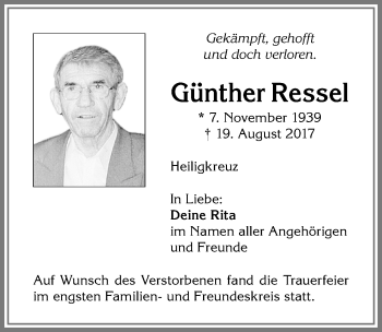 Traueranzeige von Günther Ressel von Allgäuer Zeitung,Kempten