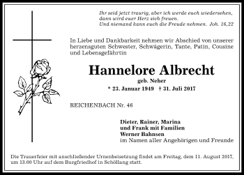 Traueranzeige von Hannelore Albrecht von Allgäuer Anzeigeblatt