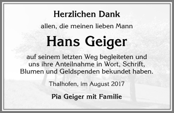 Traueranzeige von Hans Geiger von Allgäuer Zeitung, Marktoberdorf