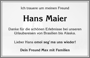 Traueranzeige von Hans Maier von Allgäuer Zeitung,Kempten