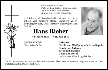 Traueranzeige von Hans Rieber von Allgäuer Anzeigeblatt