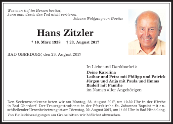 Traueranzeige von Hans Zitzler von Allgäuer Anzeigeblatt