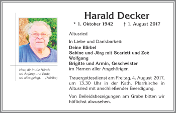 Traueranzeige von Harald Decker von Allgäuer Zeitung,Kempten