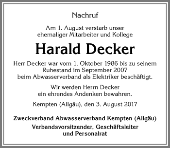 Traueranzeige von Harald Decker von Allgäuer Zeitung,Kempten