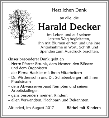 Traueranzeige von Harald Decker von Allgäuer Zeitung,Kempten