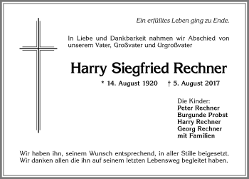 Traueranzeige von Harry Siegfried Rechner von Allgäuer Zeitung,Kempten