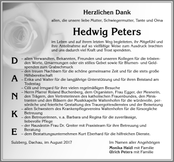 Traueranzeige von Hedwig Peters von Allgäuer Zeitung,Kempten