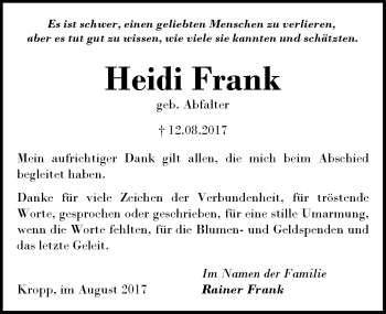 Traueranzeige von Heidi Frank von Allgäuer Zeitung, Kaufbeuren/Buchloe
