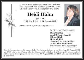 Traueranzeige von Heidi Hahn von Allgäuer Anzeigeblatt