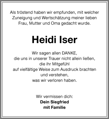 Traueranzeige von Heidi Iser von Memminger Zeitung