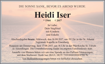Traueranzeige von Heidi Iser von Memminger Zeitung