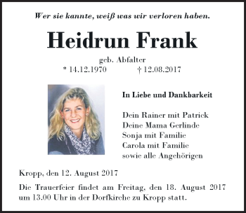 Traueranzeige von Heidrun Frank von Allgäuer Zeitung, Kaufbeuren/Buchloe