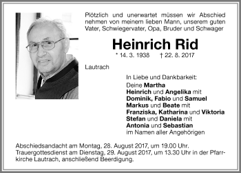 Traueranzeige von Heinrich Rid von Memminger Zeitung