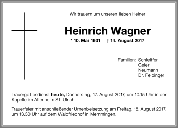 Traueranzeige von Heinrich Wagner von Memminger Zeitung