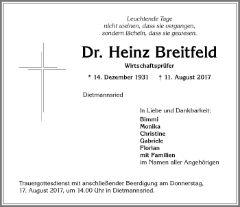 Traueranzeige von Heinz Breitfeld von Allgäuer Zeitung