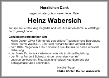Traueranzeige von Heinz Wabersich von Memminger Zeitung