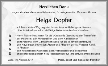 Traueranzeige von Helga Dopfer von Allgäuer Zeitung, Marktoberdorf
