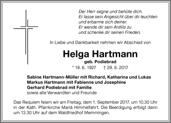 Traueranzeige von Helga Hartmann von Memminger Zeitung