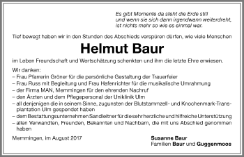 Traueranzeige von Helmut Baur von Memminger Zeitung