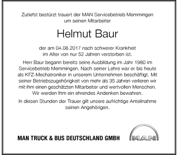Traueranzeige von Helmut Baur von Allgäuer Zeitung, Gesamtausgabe