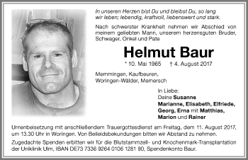 Traueranzeige von Helmut Baur von Memminger Zeitung