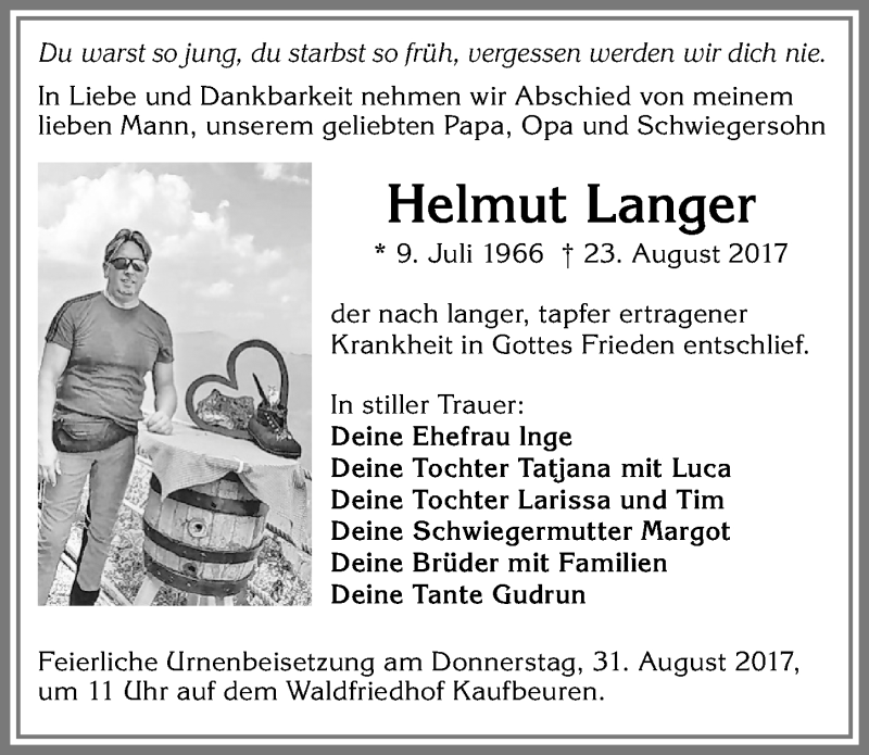  Traueranzeige für Helmut Langer vom 28.08.2017 aus Allgäuer Zeitung, Kaufbeuren/Buchloe