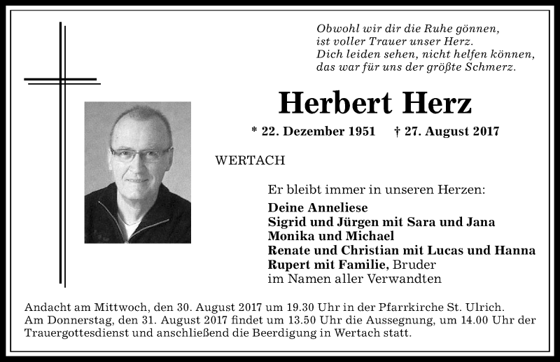  Traueranzeige für Herbert Herz vom 29.08.2017 aus Allgäuer Anzeigeblatt