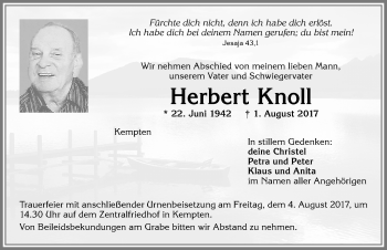 Traueranzeige von Herbert Knoll von Allgäuer Zeitung,Kempten