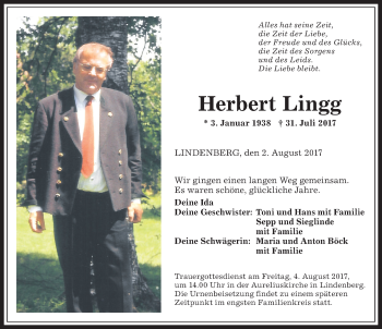 Traueranzeige von Herbert Lingg von Allgäuer Anzeigeblatt