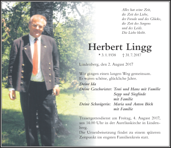 Traueranzeige von Herbert Lingg von Der Westallgäuer