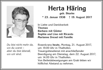 Traueranzeige von Herta Häring von Allgäuer Zeitung, Marktoberdorf