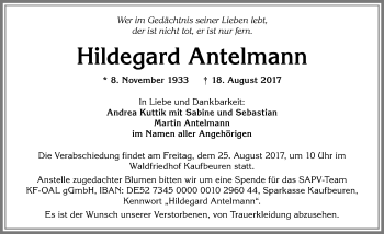 Traueranzeige von Hildegard Antelmann von Allgäuer Zeitung, Kaufbeuren/Buchloe