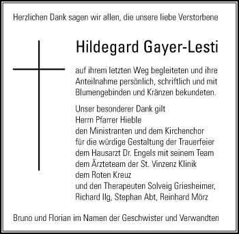 Traueranzeige von Hildegard Gayer-Lesti von Allgäuer Zeitung, Füssen