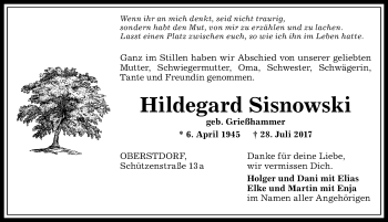 Traueranzeige von Hildegard Sisnowski von Allgäuer Anzeigeblatt