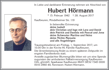 Traueranzeige von Hubert Hörmann von Allgäuer Zeitung, Kaufbeuren/Buchloe