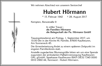 Traueranzeige von Hubert Hörmann von Allgäuer Zeitung,Kempten