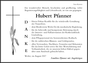 Traueranzeige von Hubert Pfanner von Der Westallgäuer