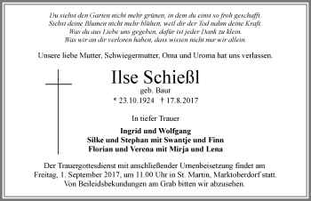 Traueranzeige von Ilse Schießl von Allgäuer Zeitung, Marktoberdorf