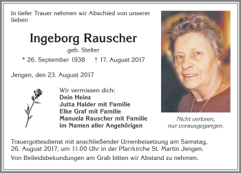 Traueranzeige von Ingeborg Rauscher von Allgäuer Zeitung, Kaufbeuren/Buchloe