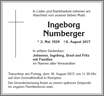 Traueranzeige von Ingeburg Numberger von Allgäuer Zeitung,Kempten