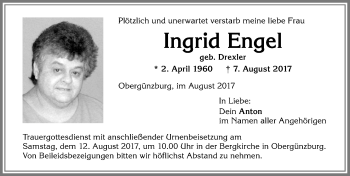 Traueranzeige von Ingrid Engel von Allgäuer Zeitung, Marktoberdorf