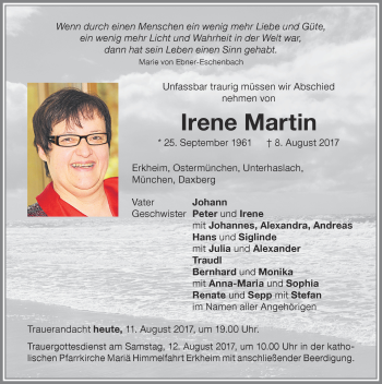 Traueranzeige von Irene Martin von Memminger Zeitung