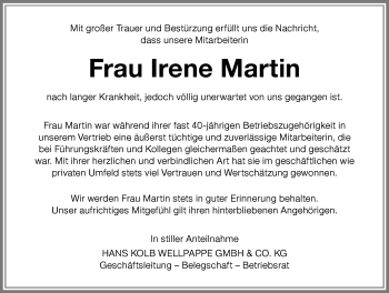 Traueranzeige von Irene Martin von Memminger Zeitung
