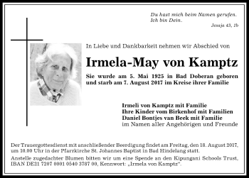 Traueranzeige von Irmela-May von Kamptz von Allgäuer Anzeigeblatt