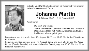 Traueranzeige von Johanna Martin von Allgäuer Zeitung, Kaufbeuren/Buchloe