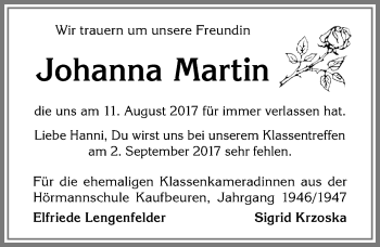 Traueranzeige von Johanna Martin von Allgäuer Zeitung, Kaufbeuren/Buchloe