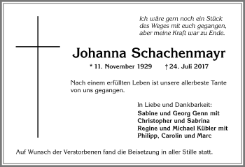 Traueranzeige von Johanna Schachenmayr von Allgäuer Zeitung,Kempten