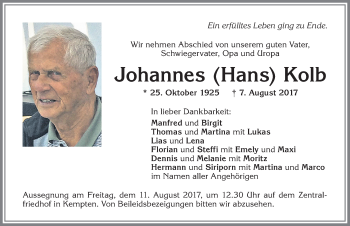 Traueranzeige von Johannes Kolb von Allgäuer Zeitung,Kempten