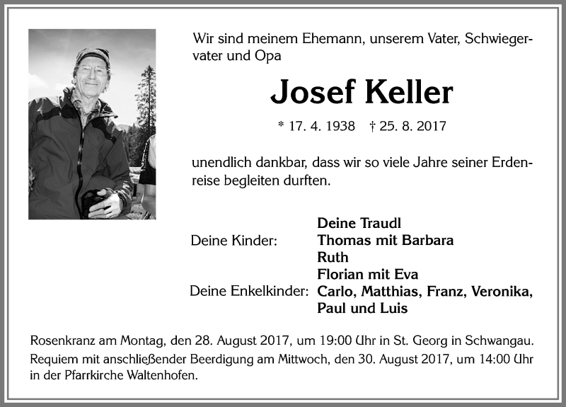 Traueranzeige für Josef Keller vom 28.08.2017 aus Allgäuer Zeitung, Füssen