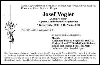 Traueranzeige von Josef Vogler von Allgäuer Anzeigeblatt